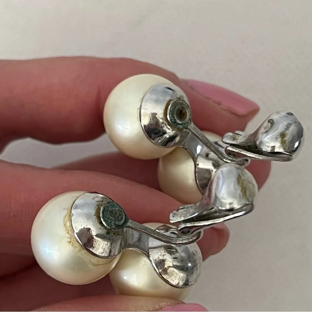 Vintage Judy Lee Large Double Pearl Silver Clip On Earrings